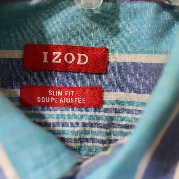 Izod Blue Casual Button Down Shirt with Striking Stripes Medium - Picture 11 of 14